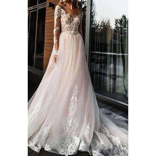 

A-Line Wedding Dresses V Neck Sweep / Brush Train Lace Tulle Long Sleeve Romantic Boho Illusion Sleeve with Appliques 2022