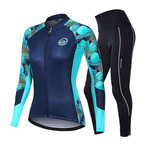 

Nuckily Women's Cycling Jersey with Tights Long Sleeve Mountain Bike MTB Road Bike Cycling Winter Dark Navy Floral Botanical Tropical Flowers Bike Clothing Suit Thermal Warm Fleece Lining Back Pocket