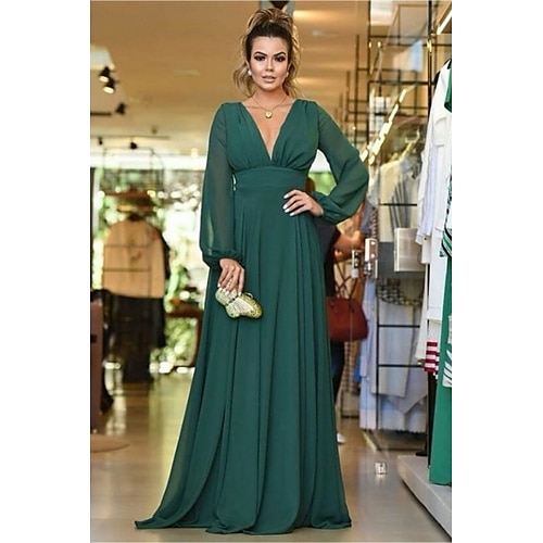 

A-Line Bridesmaid Dress Plunging Neck Long Sleeve Elegant Floor Length Chiffon with Pleats 2022