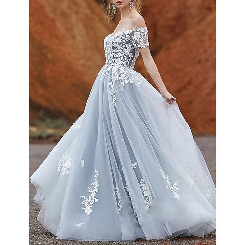 

A-Line Wedding Dresses Off Shoulder Sweep / Brush Train Lace Tulle Short Sleeve with Appliques 2022