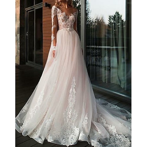 

A-Line Wedding Dresses V Neck Court Train Tulle Long Sleeve Romantic Boho See-Through Illusion Sleeve with Lace Insert 2022