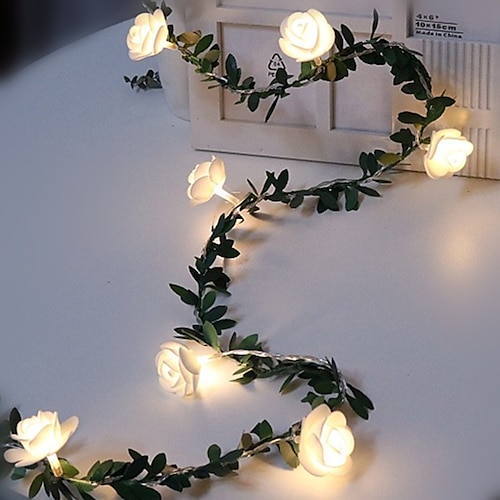 

Rose Flower Vine String LED Lights Decoration Green Leaf Garland Battery Powered 3m 20leds Warm White Fairy Lights 1pcs
