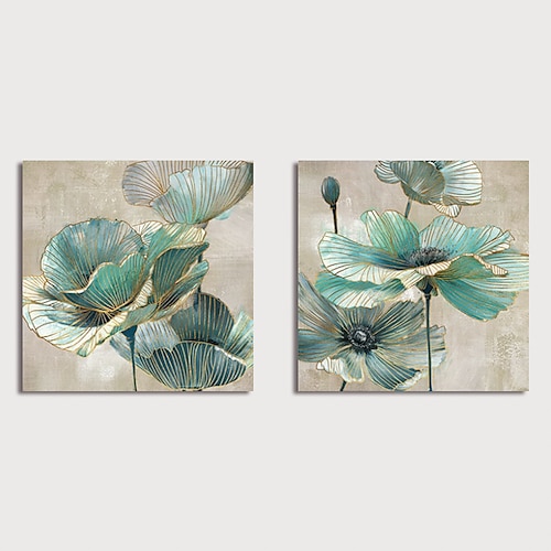 

Oil Painting Hand Painted Square Floral / Botanical Modern Stretched Canvas