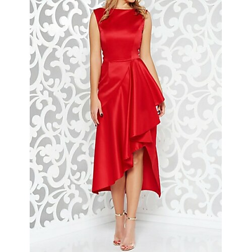 

A-Line Mother of the Bride Dress Plus Size Sexy Jewel Neck Asymmetrical Satin Sleeveless with Pleats 2022