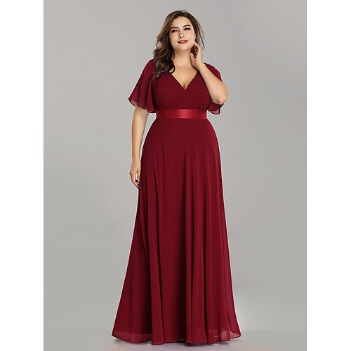 

A-Line Mother of the Bride Dress Plus Size Elegant V Neck Floor Length Chiffon Short Sleeve with Sash / Ribbon Ruching 2022 / Petal Sleeve