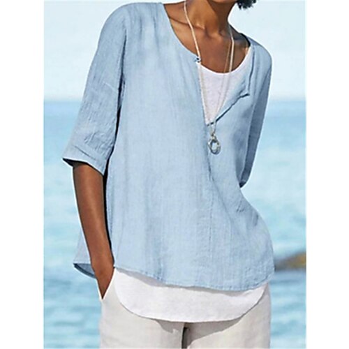 

Women's Blouse Shirt Blue Light gray Light Blue Solid Colored Half Sleeve Daily Basic Round Neck Loose Fit S