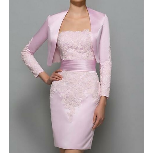 

Sheath / Column Mother of the Bride Dress Plus Size Elegant Strapless Short / Mini Polyester Long Sleeve with Lace 2022