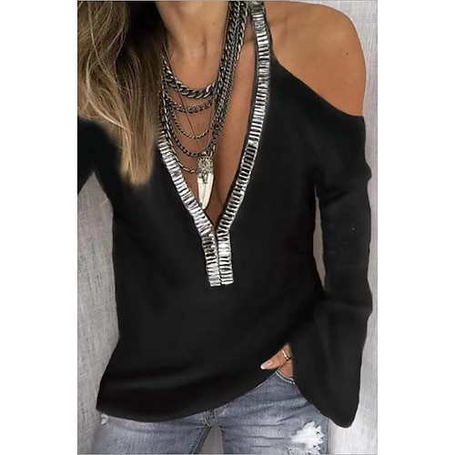 

Women's Blouse Shirt Green Blue Purple Solid Colored Sequins Long Sleeve Daily Weekend Basic V Neck S