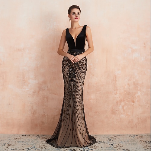 

Mermaid / Trumpet Luxurious Wedding Guest Formal Evening Dress V Neck Backless Sleeveless Sweep / Brush Train Velvet with Beading 2022