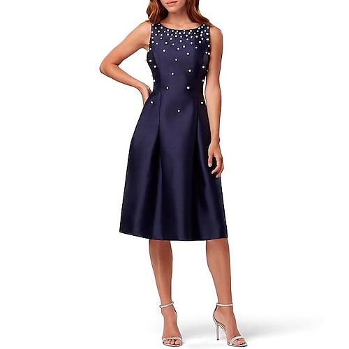 

A-Line Cocktail Dresses Elegant Dress Holiday Knee Length Sleeveless Jewel Neck Satin with Pleats Beading Sequin 2022 / Cocktail Party
