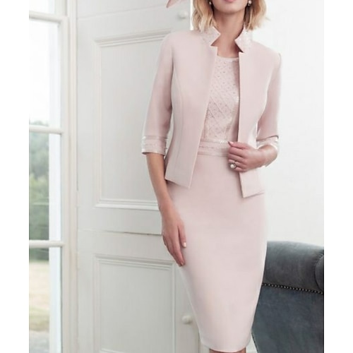Sheath / Column Mother of the Bride Dress Wrap Included Jewel Neck Knee Length Polyester 3/4 Length Sleeve with Beading 2024