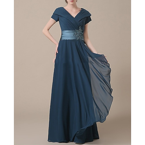 

A-Line Mother of the Bride Dress Elegant & Luxurious V Neck Floor Length Chiffon Short Sleeve with Sash / Ribbon Ruching 2022
