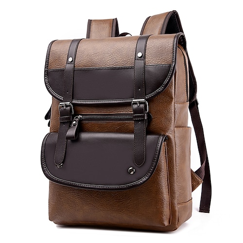 

Men's Backpack School Bag Rucksack Commuter Backpack PU Leather Large Capacity Waterproof Zipper Tiered School Climbing Black Khaki Brown