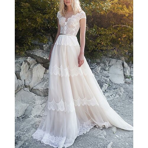 

A-Line Wedding Dresses V Neck Sweep / Brush Train Tulle Cap Sleeve Illusion Detail Backless with Sashes / Ribbons 2022