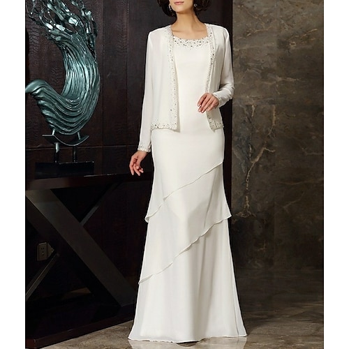 

Sheath / Column Mother of the Bride Dress Elegant & Luxurious Jewel Neck Floor Length Chiffon Long Sleeve with Beading Tier 2022