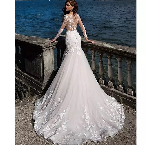 

Mermaid / Trumpet Wedding Dresses Bateau Neck Court Train Lace Tulle Lace Over Satin Long Sleeve Sexy See-Through Backless Illusion Sleeve with Beading Appliques 2022