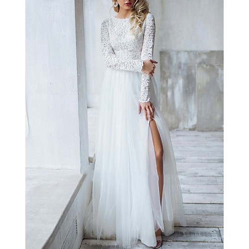 

A-Line Wedding Dresses Jewel Neck Sweep / Brush Train Lace Long Sleeve Romantic Boho See-Through Illusion Detail Backless with Split Front 2022