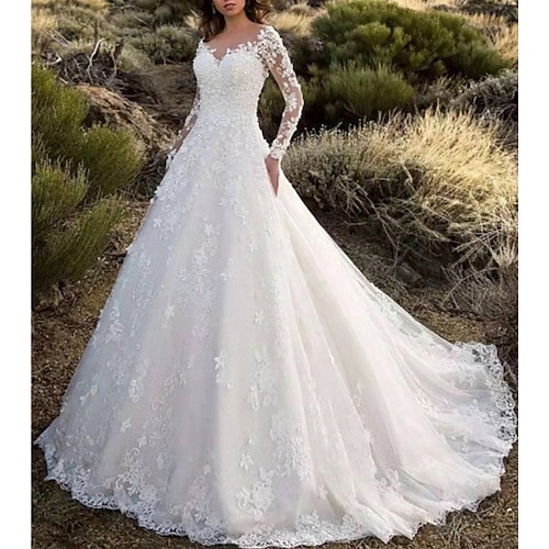 

A-Line Wedding Dresses V Neck Sweep / Brush Train Lace Long Sleeve Formal Sparkle & Shine Illusion Sleeve with Appliques 2022