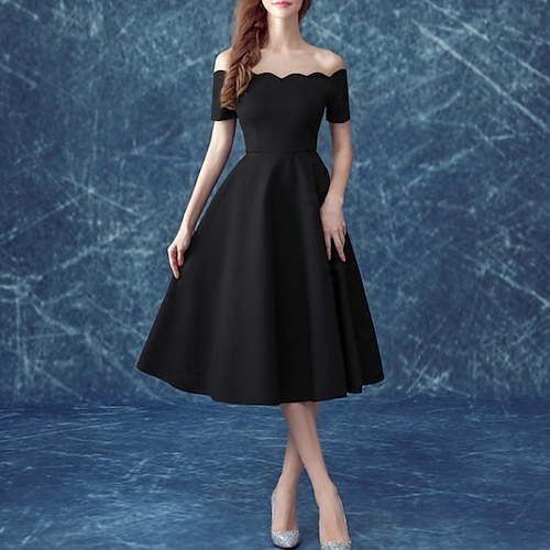 

A-Line Cocktail Dresses Little Black Dress Dress Holiday Tea Length Short Sleeve Off Shoulder Satin with 2022 / Cocktail Party