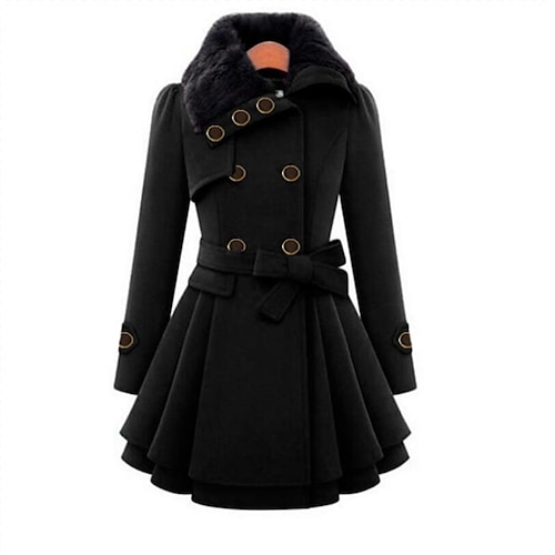 

Women's Coat Long Fur With Belt Button Front Asian Size Coat Black Gray Camel Red Navy Blue Classic & Timeless Causal Fall Turndown Regular Fit S M L XL XXL 3XL / Daily / Warm / Winter