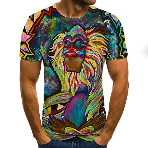 Men's T shirt Tee Short Sleeve Graphic Geometric 3D Round Neck Rainbow Plus Size Daily Going out Pleated Print Clothing Apparel Streetwear Exaggerated