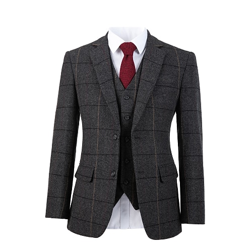 

Custom Suit Men's Wedding Special Occasion Event Party Notch Gray Wide Herringbone Tweed Wool Single Breasted Two-buttons