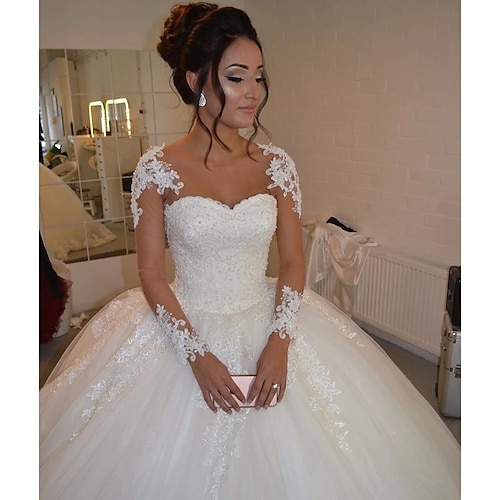 

Ball Gown Wedding Dresses Sweetheart Neckline Floor Length Lace Tulle Long Sleeve Romantic Illusion Detail with Lace 2022 / Bell Sleeve