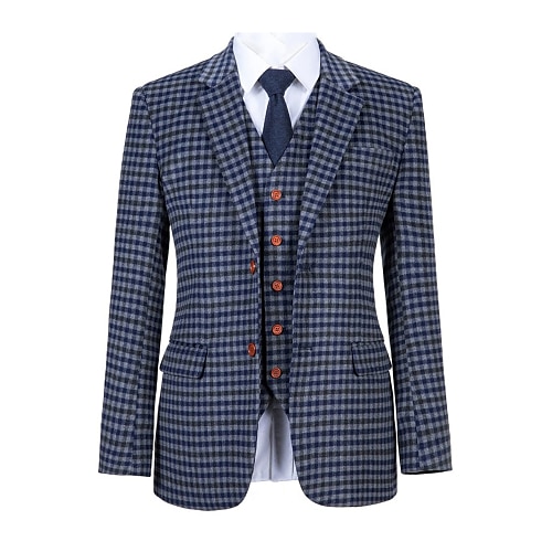 

Custom Suit Wedding Special Occasion Event Party Notch Blue Gray Check Tweed Wool