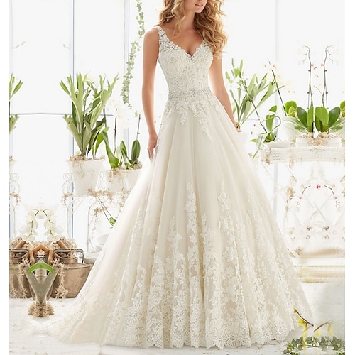

A-Line Wedding Dresses V Neck Sweep / Brush Train Lace Regular Straps Formal Illusion Detail with Buttons Crystals Beading 2022