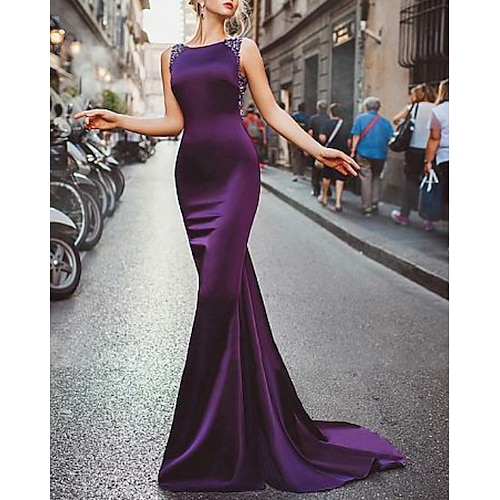 

Mermaid / Trumpet Elegant Dress Sweep / Brush Train Sleeveless Jewel Neck Satin with Beading 2022