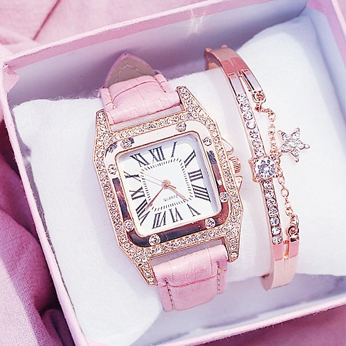 кварцевые часы для женщин женские аналоговые часы с бриллиантами звездный квадратный циферблат браслет набор женские кожаный ремешок наручные часы женские часы