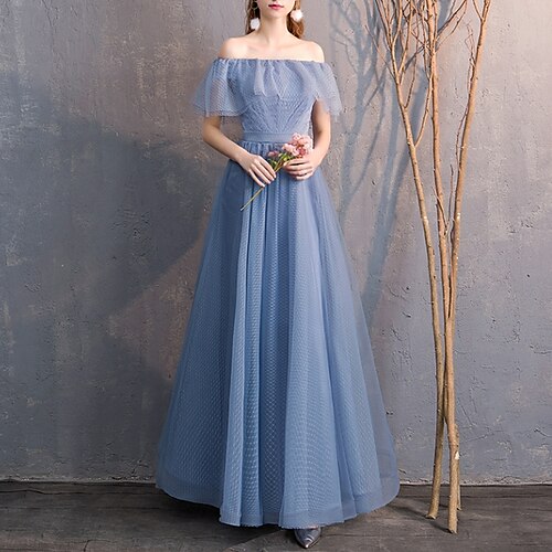 

A-Line Bridesmaid Dress Off Shoulder Short Sleeve Elegant Floor Length Tulle with 2022