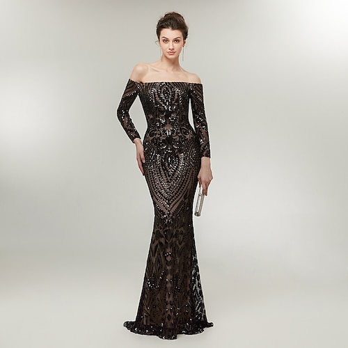 

Mermaid / Trumpet Evening Dresses Sexy Dress Formal Evening Sweep / Brush Train Long Sleeve Off Shoulder Polyester with Sequin 2022 / Sparkle & Shine