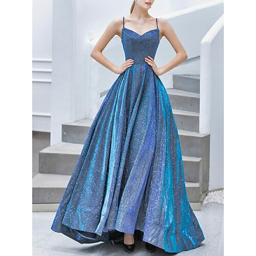 

A-Line Prom Dresses Sparkle Dress Prom Sweep / Brush Train Sleeveless Spaghetti Strap Jersey with Pleats 2022 / Formal Evening / Sparkle & Shine