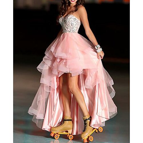 

A-Line Color Block Prom Formal Evening Dress Sweetheart Neckline Sleeveless Asymmetrical Tulle with Beading 2022