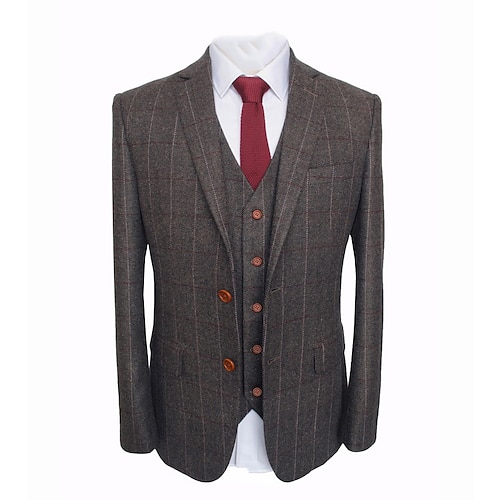 

Custom Suit Wedding Special Occasion Event Party Notch Brown Windowpane Wool