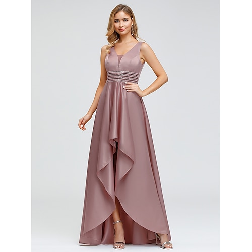 

A-Line Elegant Wedding Guest Cocktail Party Dress V Neck V Back Sleeveless Asymmetrical Polyester with Crystals Beading 2022