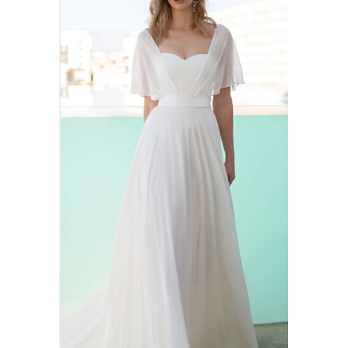 

A-Line Wedding Dresses Scoop Neck Floor Length Chiffon Charmeuse Short Sleeve with Draping 2022