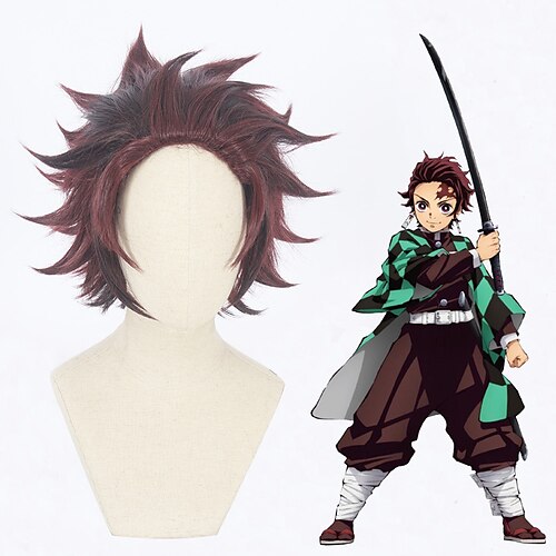 

Demon Slayer: Kimetsu no Yaiba Kamado Tanjiro Cosplay Parykker Herre 12 inch Varmebestandig fiber Mørkebrun Anime Paryk