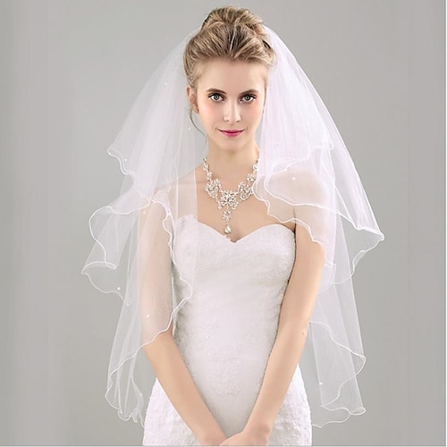 

Two-tier Sweet Style / Lovers Wedding Veil Fingertip Veils with Solid 53.15 in (135cm) Tulle / Straight Cut