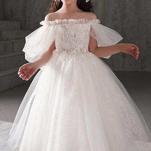 

First Communion Ball Gown Flower Girl Dresses Off Shoulder Ankle Length Polyester Winter Fall with Appliques Cute Girls' Party Dress Fit 3-16 Years