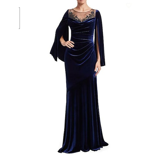 

Sheath / Column Evening Dresses Elegant Dress Formal Evening Sweep / Brush Train Long Sleeve Jewel Neck Velvet with Ruched Appliques 2022