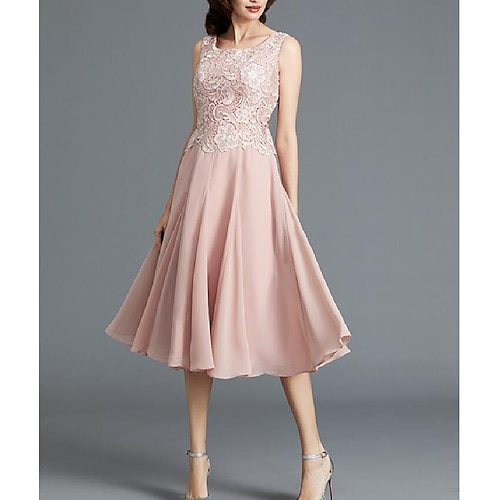 

A-Line Mother of the Bride Dress Sweet Scoop Neck Tea Length Chiffon Lace Sleeveless with Appliques 2022