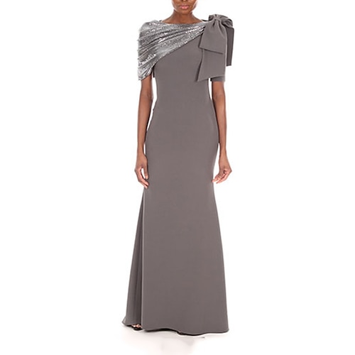 

Sheath / Column Mother of the Bride Dress Elegant & Luxurious Jewel Neck Floor Length Satin Short Sleeve with Pleats 2022
