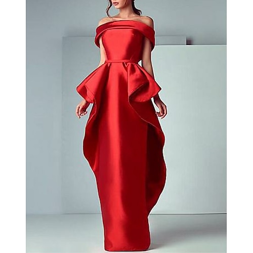 

Sheath / Column Beautiful Back Prom Formal Evening Valentine's Day Dress Off Shoulder Short Sleeve Floor Length Satin with Ruffles Tier 2022