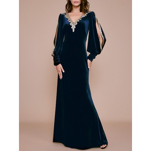 

Sheath / Column Mother of the Bride Dress Elegant & Luxurious Plunging Neck Floor Length Knee Length Velvet Long Sleeve with Appliques 2022