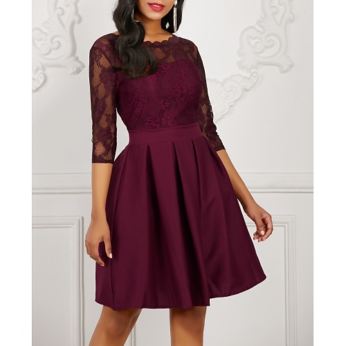 

abito da festa da donna abito da ospite di nozze abito di pizzo abito midi a pieghe nero bianco vino manica a 3/4 tinta unita pizzo autunno inverno girocollo basic 2023 s m l xl xxl 3xl
