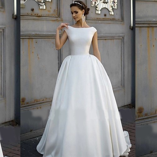 

A-Line Wedding Dresses Bateau Neck Court Train Cap Sleeve with 2022