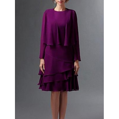 

A-Line Mother of the Bride Dress Wrap Included Jewel Neck Knee Length Chiffon Long Sleeve with Tier 2022