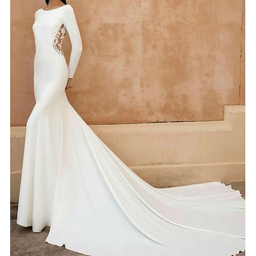 

A-Line Mermaid / Trumpet Wedding Dresses Jewel Neck Court Train Lace Stretch Satin Long Sleeve with Embroidery 2022